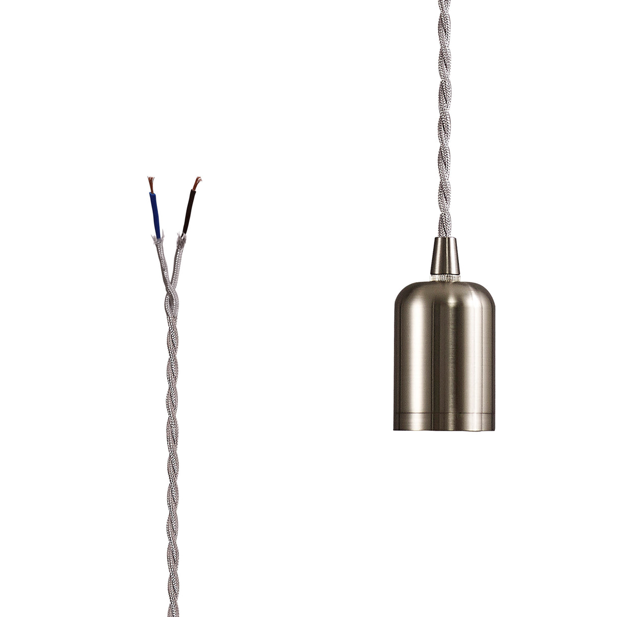 Robson E27 (Max 60W) Lampholder Brushed Nickel With 3m Silver Braided Twisted Cable & Deeper Shade Ring, Suitable For Shades & Cages