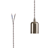 Robson E27 (Max 60W) Lampholder Brushed Nickel With 3m Silver Braided Twisted Cable & Deeper Shade Ring, Suitable For Shades & Cages