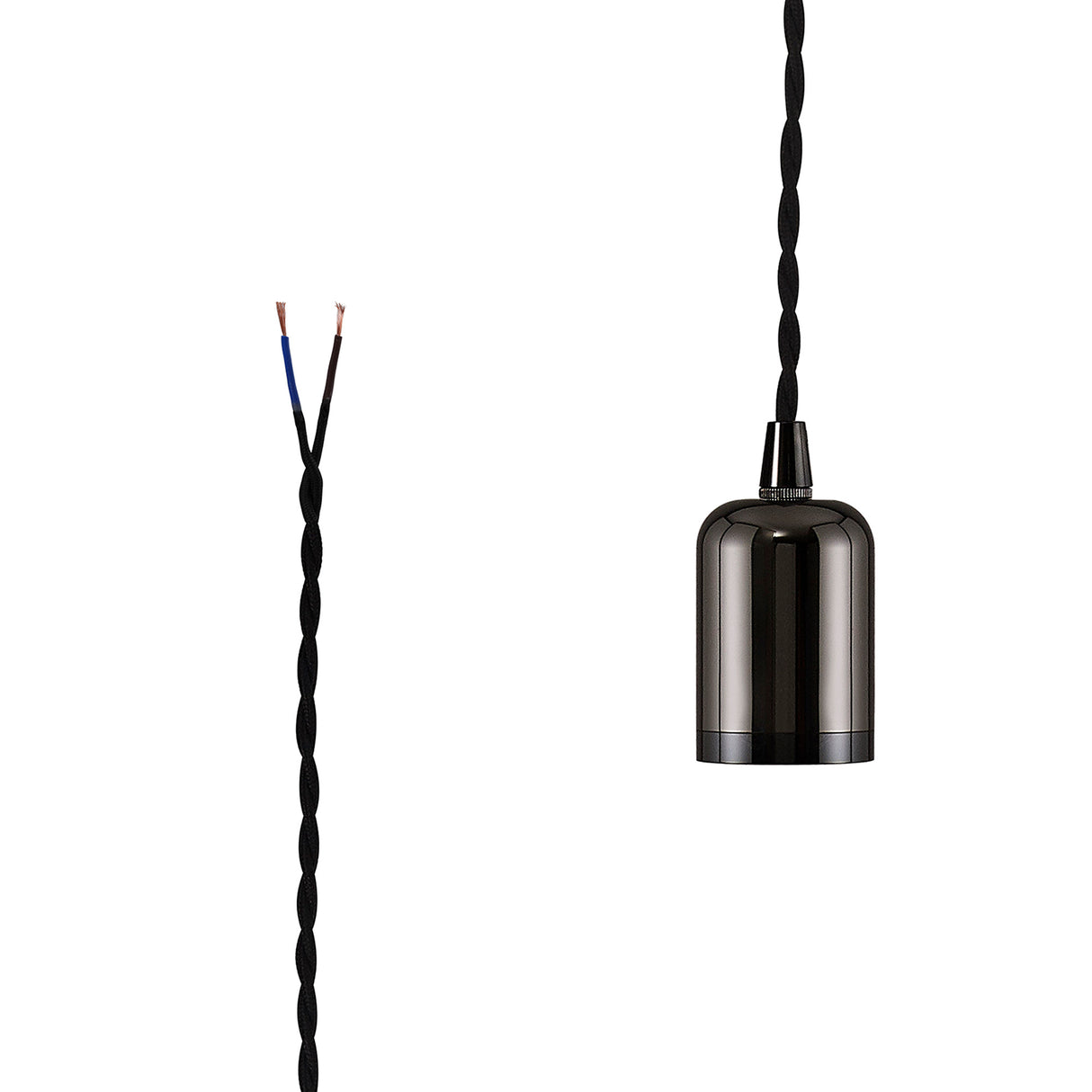 Robson E27 (Max 60W) Lampholder Black Chrome With 3m Black Braided Twisted Cable & Deeper Shade Ring, Suitable For Shades & Cages