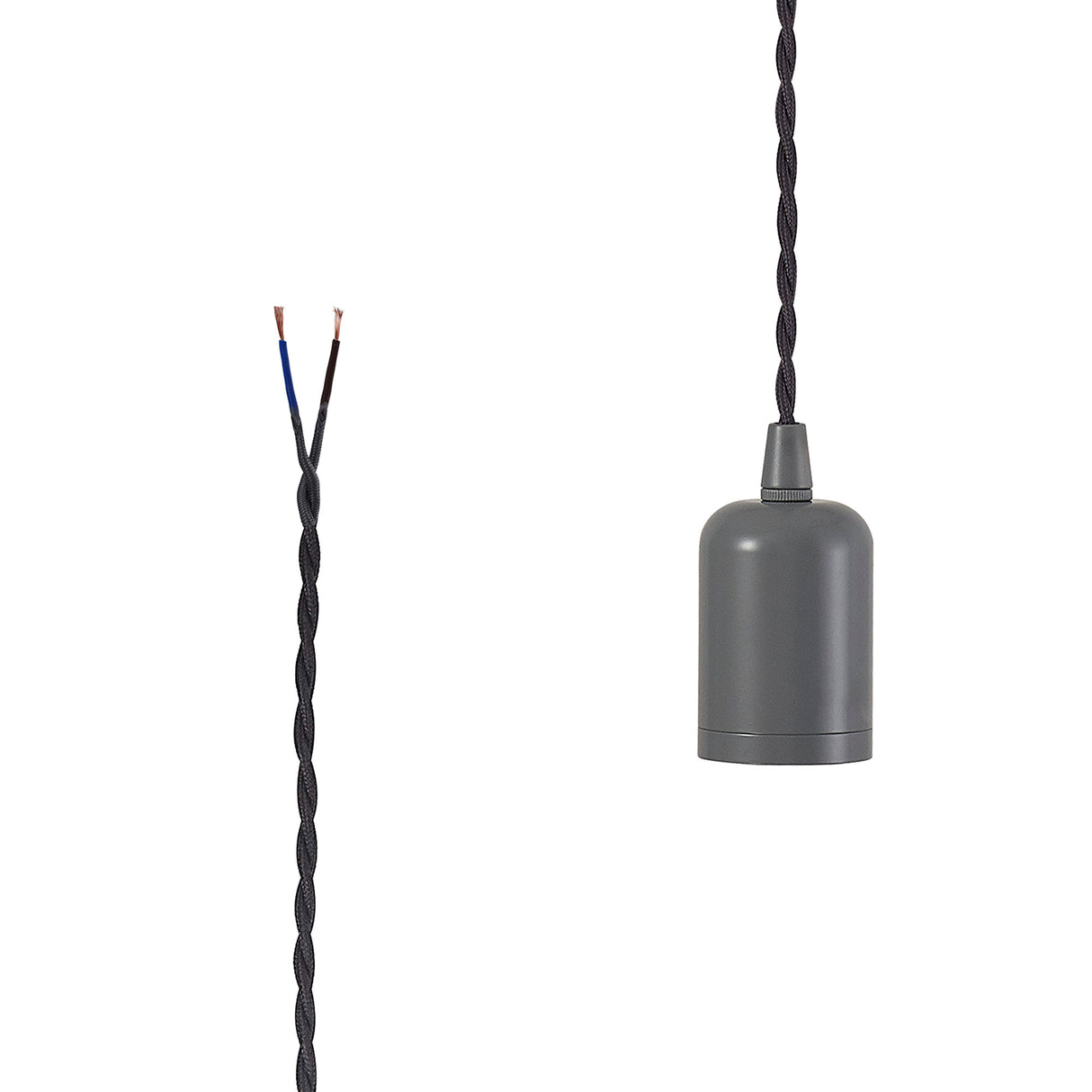 Robson E27 (Max 60W) Lampholder Warm Grey With 3m Grey Braided Twisted Cable & Deeper Shade Ring, Suitable For Shades & Cages