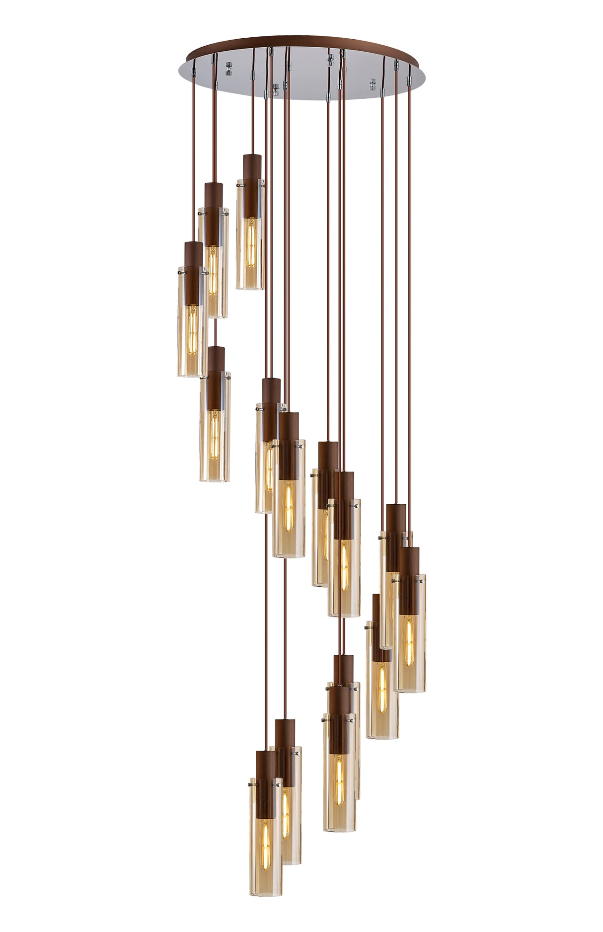 Bridges Round Pendant, 15 Light Adjustable E27, Mocha / Amber Glass, Item Weight: 25.3kg