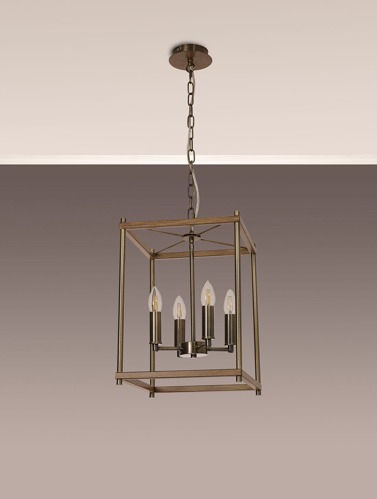 Saddington Pendant, 4 x E14, Medium Oak/Antique Brass