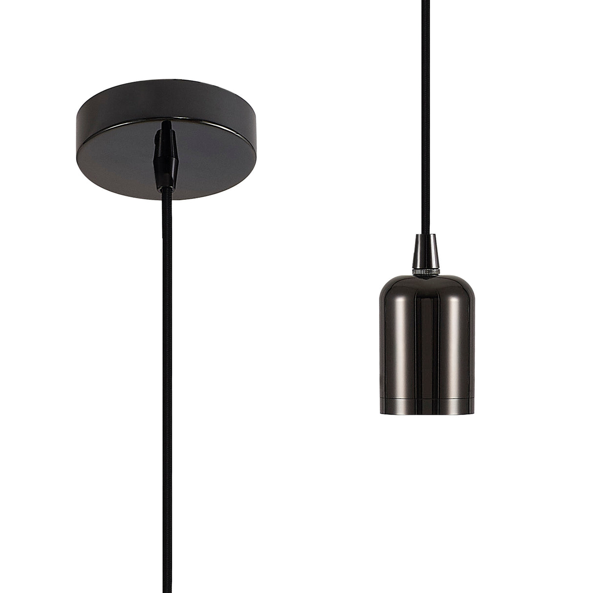 Robson 2m Suspension Kit 1 Light Black Chrome/Black Braided Cable, E27 Max 60W, c/w Ceiling Bracket & Deeper Shade Ring