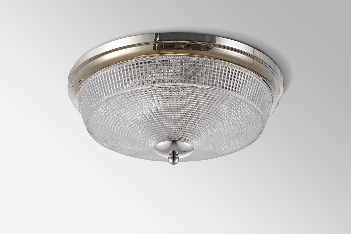 Gordon 2 Light E27 Flush Ceiling Light, IP44, Polished Nickel/Prismatic Glass