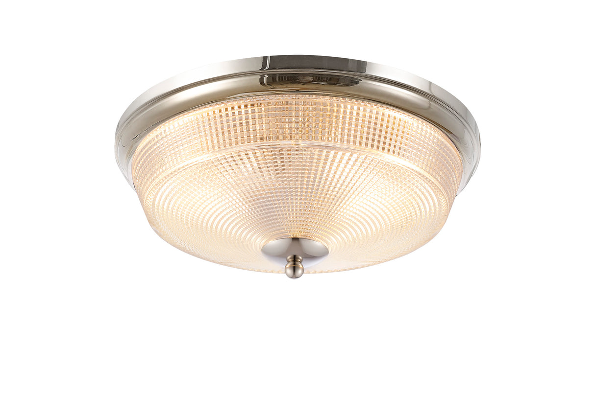 Gordon 2 Light E27 Flush Ceiling Light, IP44, Polished Nickel/Prismatic Glass
