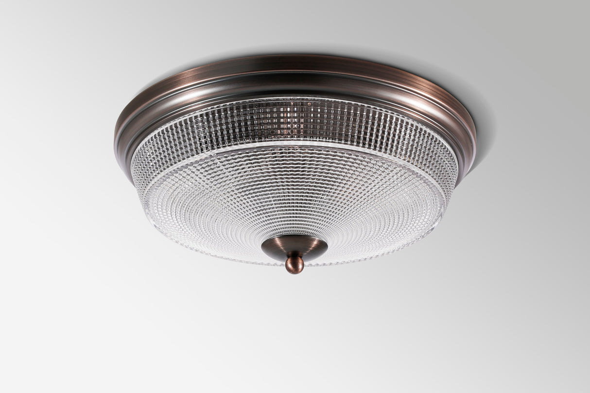 Gordon 2 Light E27 Flush Ceiling Light, IP44, Bronze/Prismatic Glass