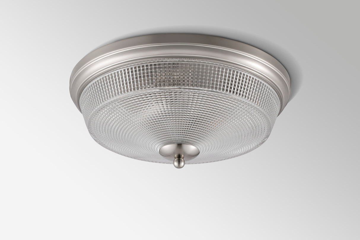 Gordon 2 Light E27 Flush Ceiling Light, IP44, Satin Nickel/Prismatic Glass