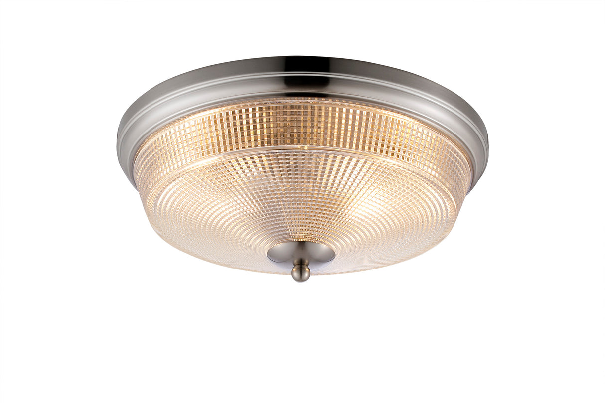 Gordon 2 Light E27 Flush Ceiling Light, IP44, Satin Nickel/Prismatic Glass