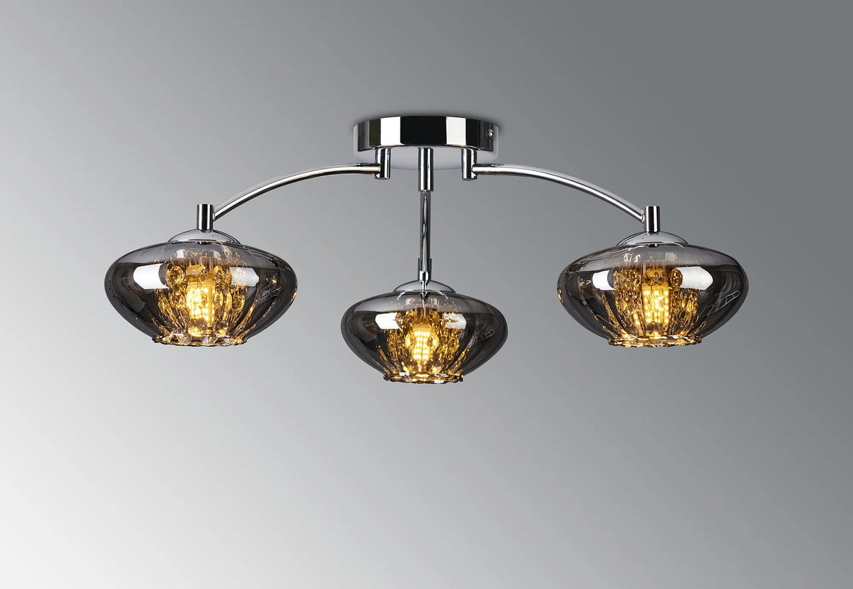 Greaves Flush Ceiling Light, 3 x G9, Polished Chrome/Smoked Glass/Clear Crystal