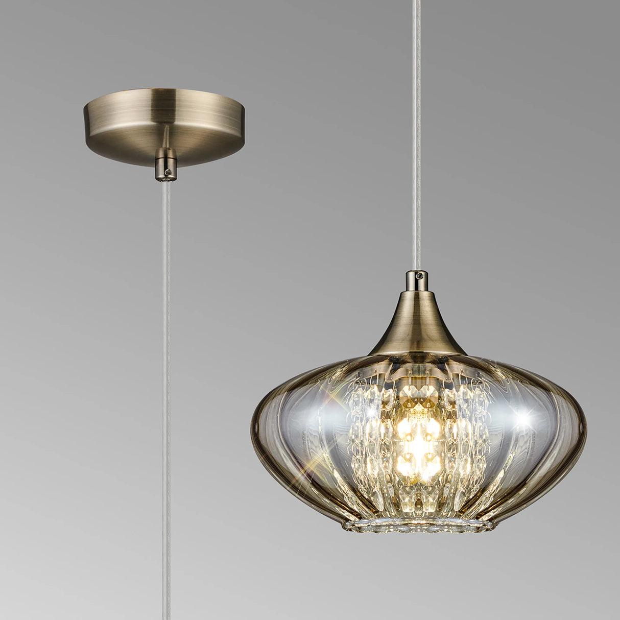 Greaves Pendant, 1 x E14, Antique Brass/Cognac Glass/Clear Crystal