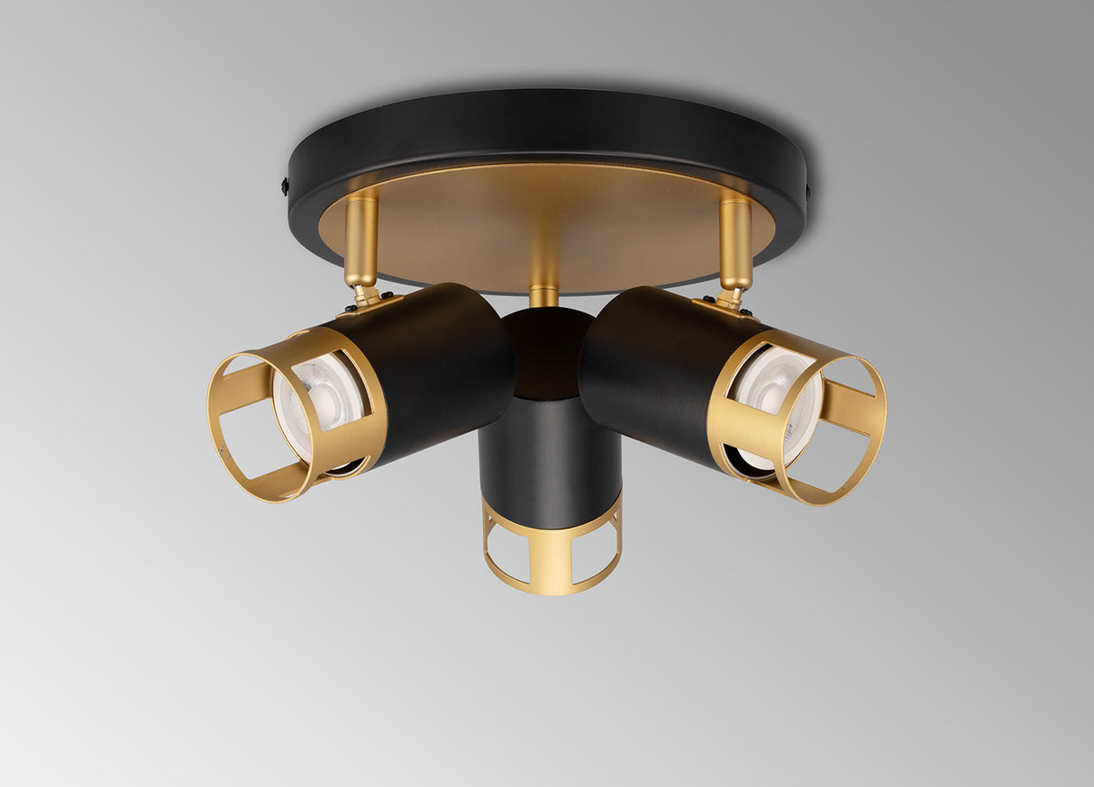 Swinburn 3 Light Round Spotlight GU10, Black / Painted Gold
