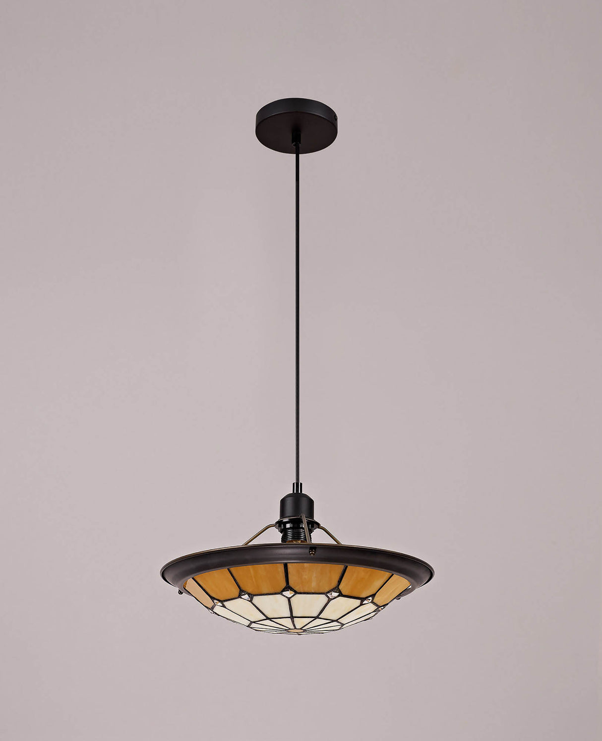 Belfit 1 Light Pendant E27 With 35cm Tiffany Shade, Cream/Beige/Clear Crystal Centre/Aged Antique Brass Trim/Black