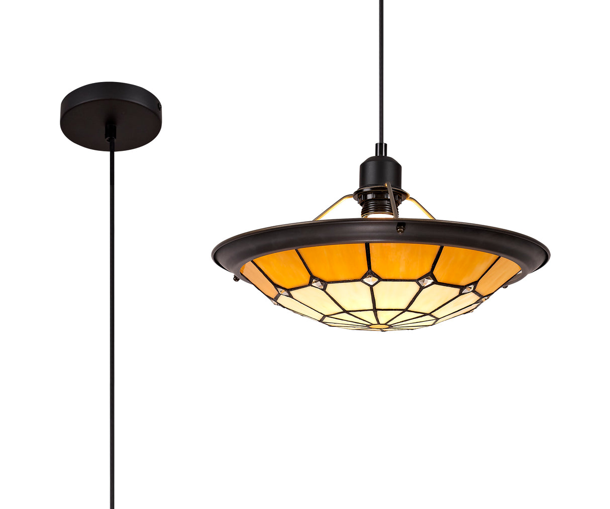 Belfit 1 Light Pendant E27 With 35cm Tiffany Shade, Cream/Beige/Clear Crystal Centre/Aged Antique Brass Trim/Black