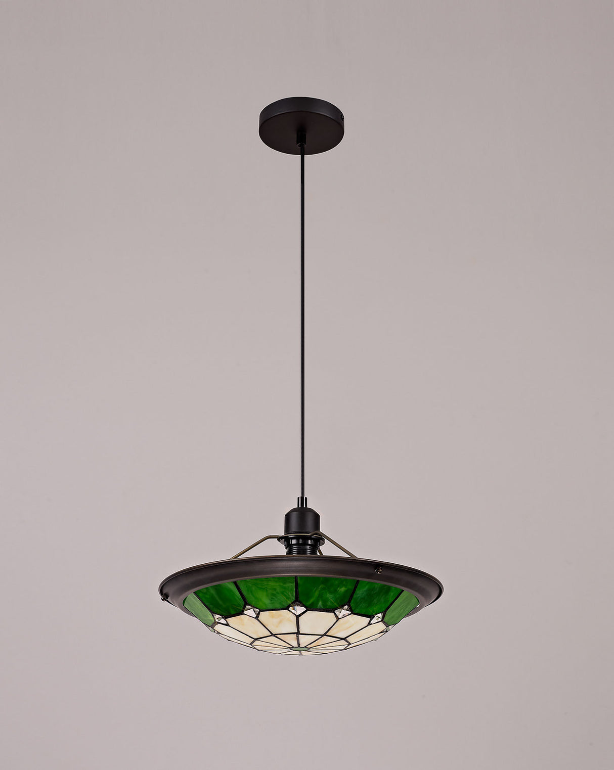 Belfit 1 Light Pendant E27 With 35cm Tiffany Shade, Cream/Green/Clear Crystal Centre/Aged Antique Brass Trim/Black