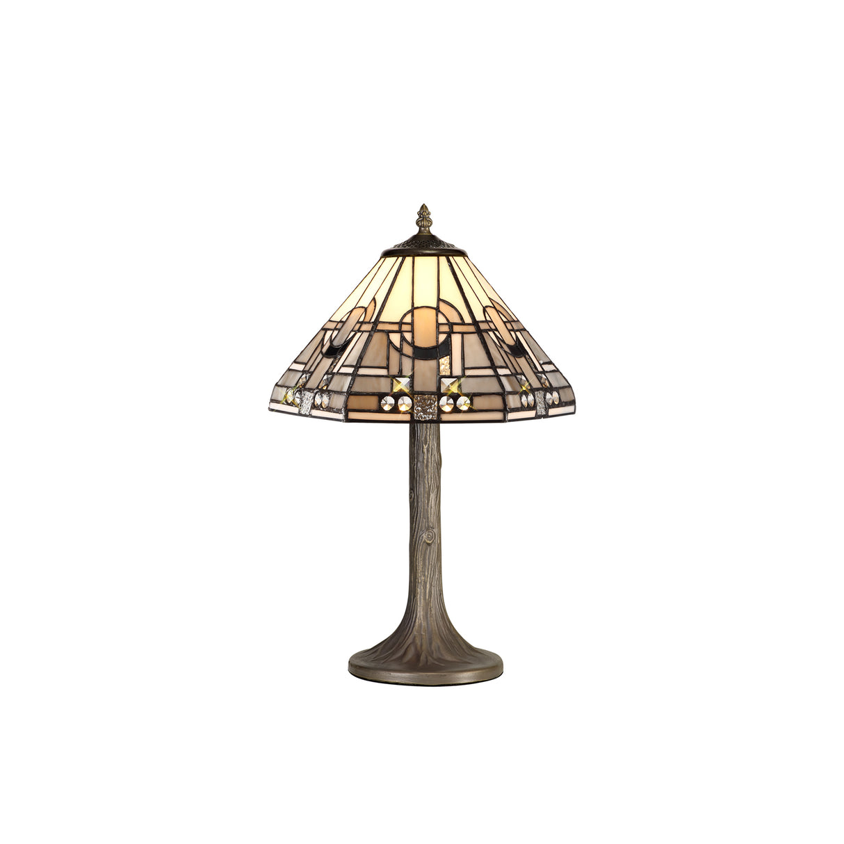 Bould 1 Light Tree Like Table Lamp E27 With 30cm Tiffany Shade, White/Grey/Black/Clear Crystal/Aged Antique Brass