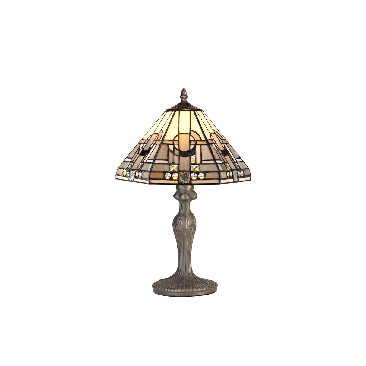 Bould 1 Light Curved Table Lamp E27 With 30cm Tiffany Shade, White/Grey/Black/Clear Crystal/Aged Antique Brass