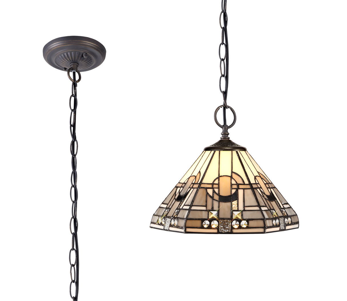 Bould 2 Light Downlighter Pendant E27 With 30cm Tiffany Shade, White/Grey/Black/Clear Crystal/Aged Antique Brass