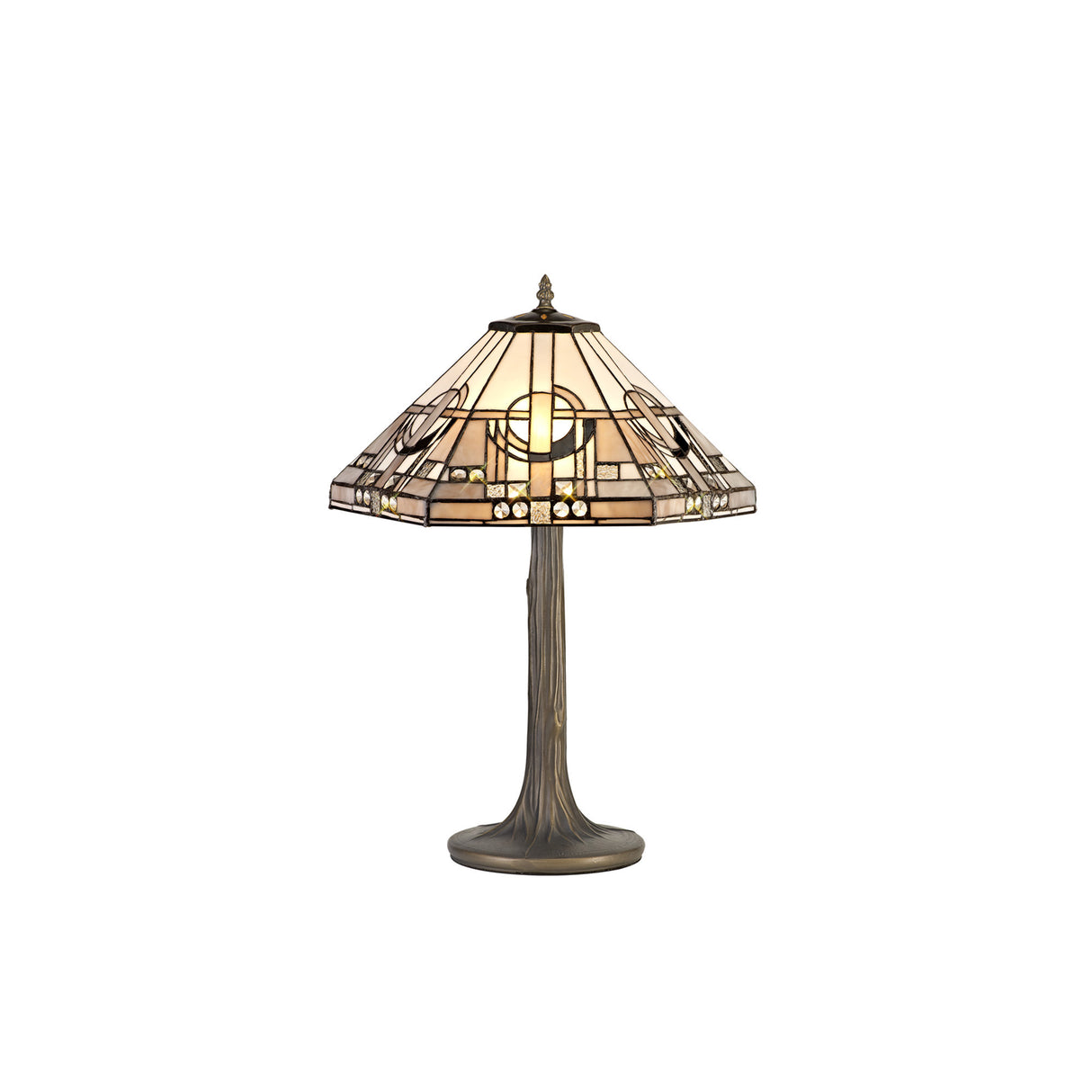 Bould 2 Light Tree Like Table Lamp E27 With 40cm Tiffany Shade, White/Grey/Black/Clear Crystal/Aged Antique Brass