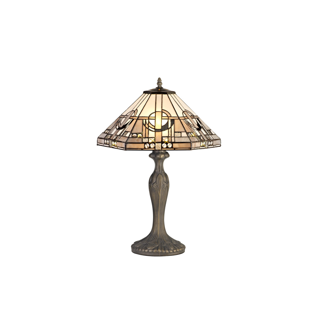 Bould 2 Light Curved Table Lamp E27 With 40cm Tiffany Shade, White/Grey/Black/Clear Crystal/Aged Antique Brass