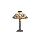 Bould 2 Light Curved Table Lamp E27 With 40cm Tiffany Shade, White/Grey/Black/Clear Crystal/Aged Antique Brass