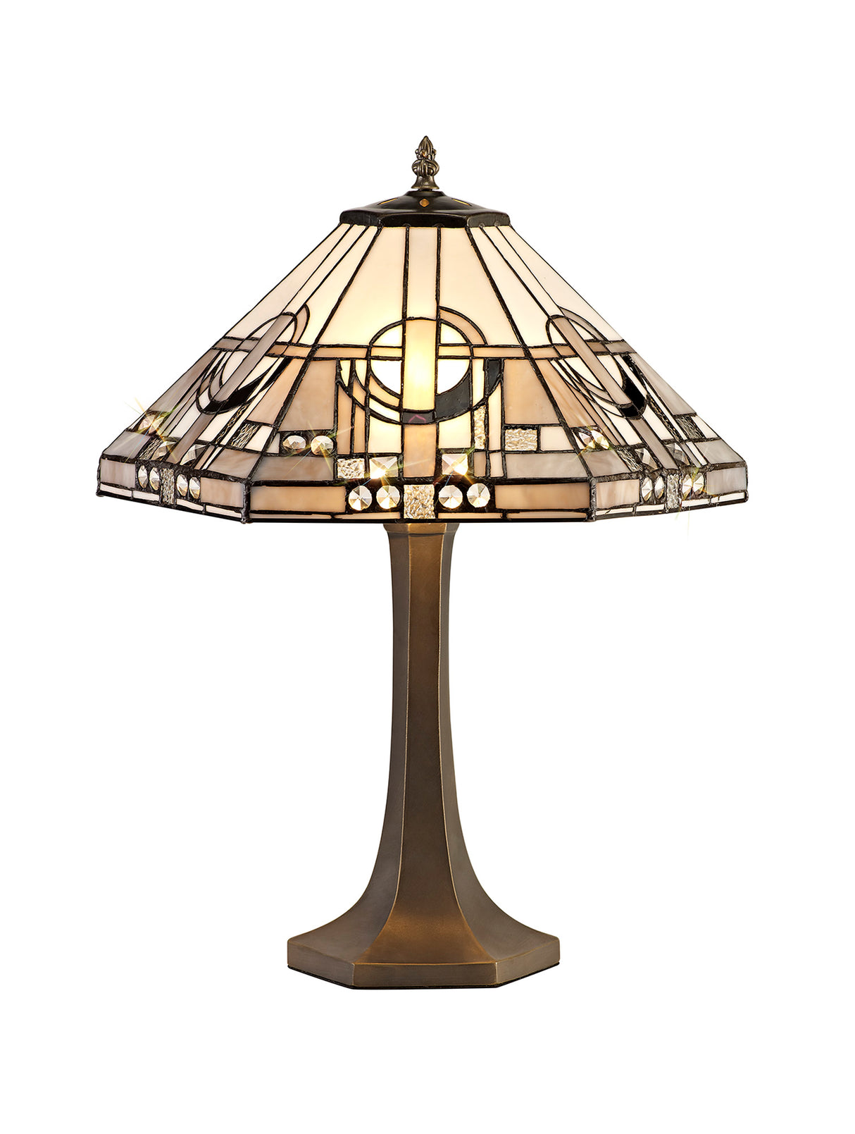 Bould 2 Light Octagonal Table Lamp E27 With 40cm Tiffany Shade, White/Grey/Black/Clear Crystal/Aged Antique Brass