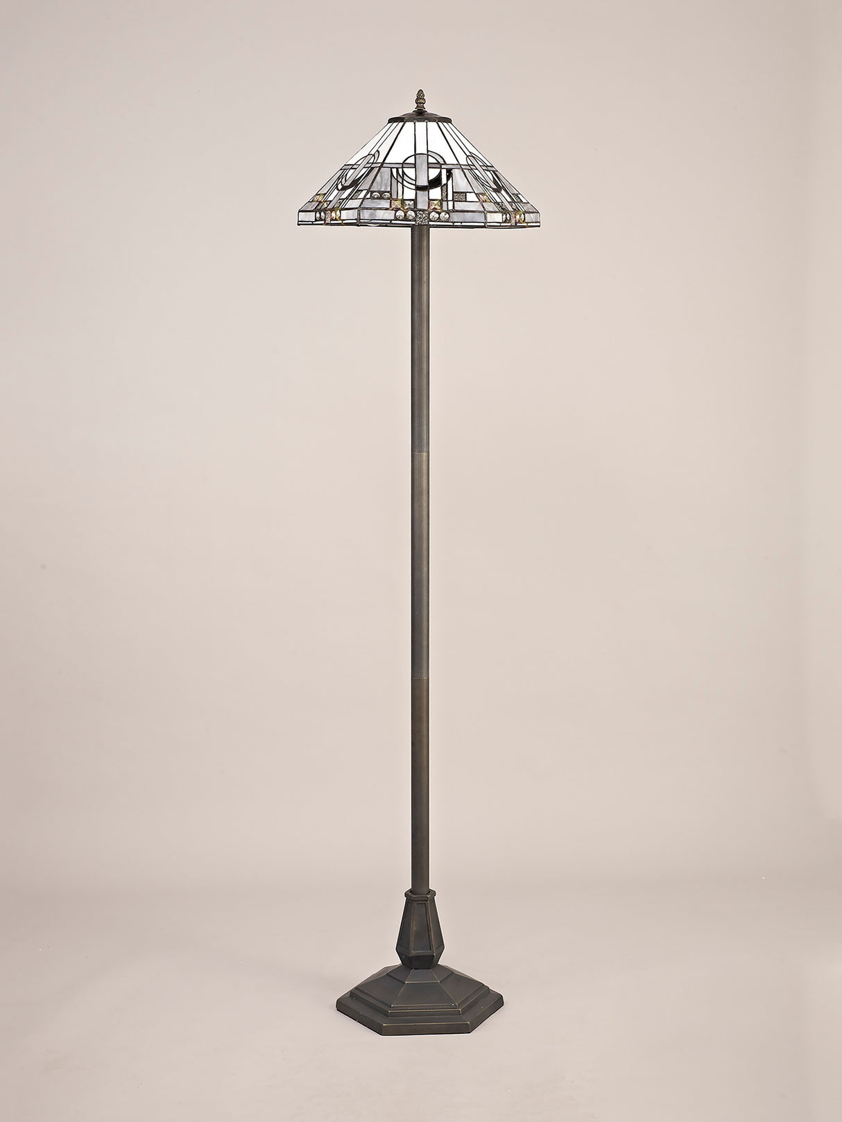 Bould 2 Light Octagonal Floor Lamp E27 With 40cm Tiffany Shade, White/Grey/Black/Clear Crystal/Aged Antique Brass