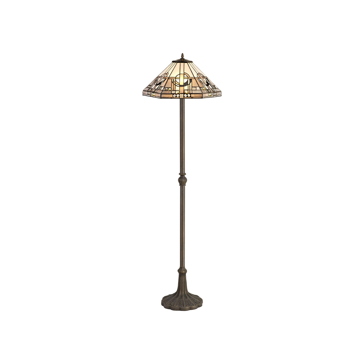 Bould 2 Light Leaf Design Floor Lamp E27 With 40cm Tiffany Shade, White/Grey/Black/Clear Crystal/Aged Antique Brass