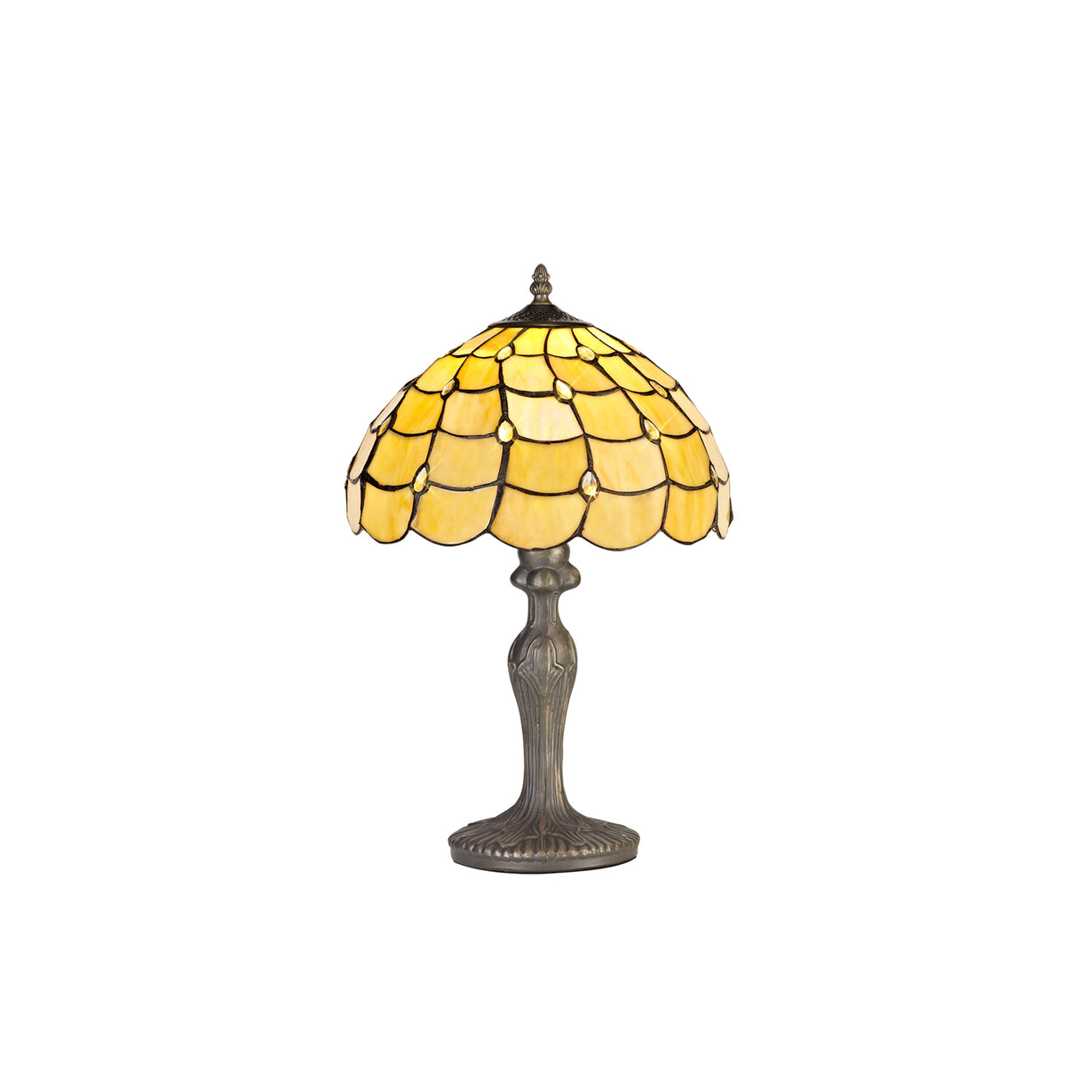 Finney 1 Light Curved Table Lamp E27 With 30cm Tiffany Shade, Beige/Clear Crystal/Aged Antique Brass