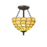 Finney 3 Light Semi Flush E27 With 30cm Tiffany Shade, Beige/Clear Crystal/Aged Antique Brass