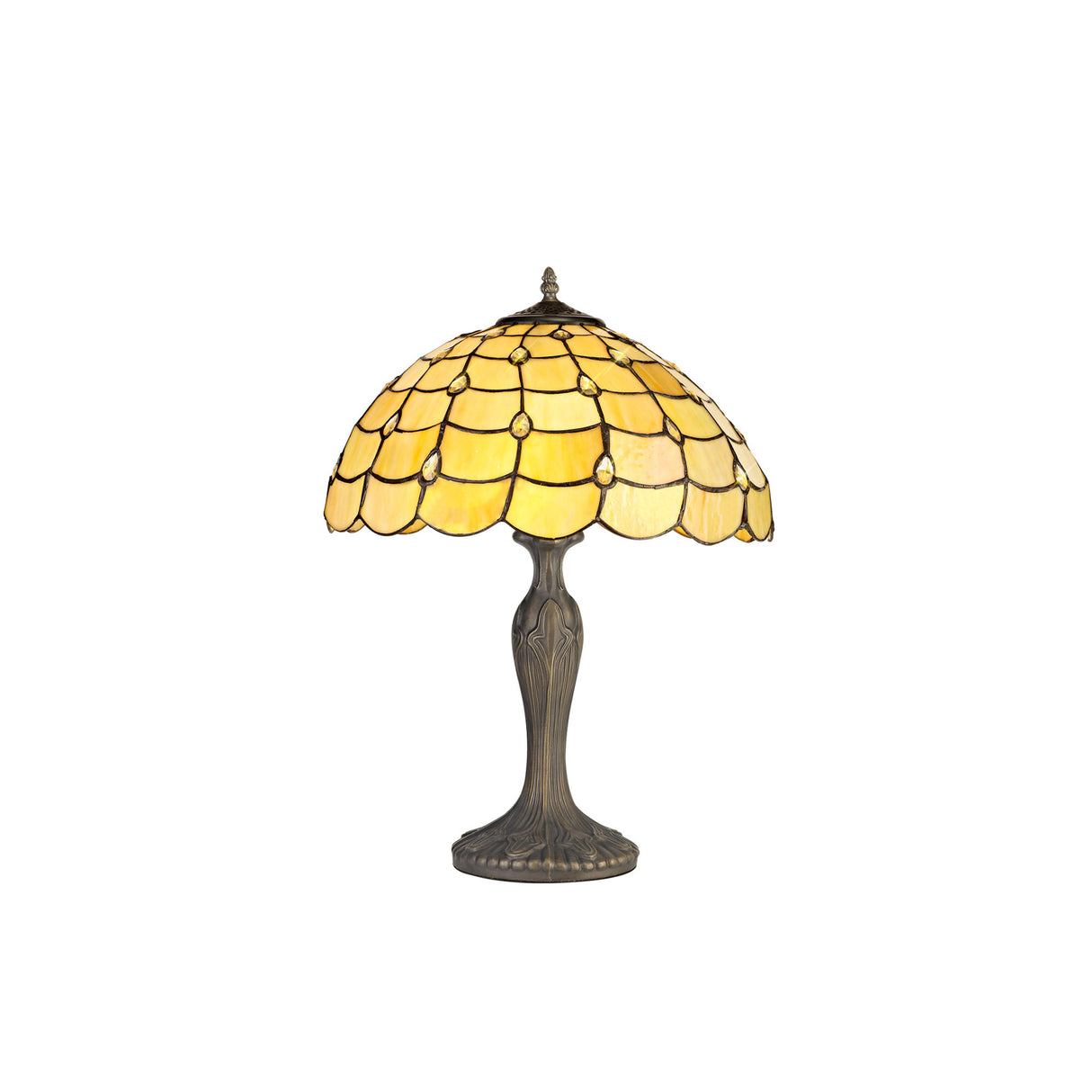 Finney 2 Light Curved Table Lamp E27 With 40cm Tiffany Shade, Beige/Clear Crystal/Aged Antique Brass