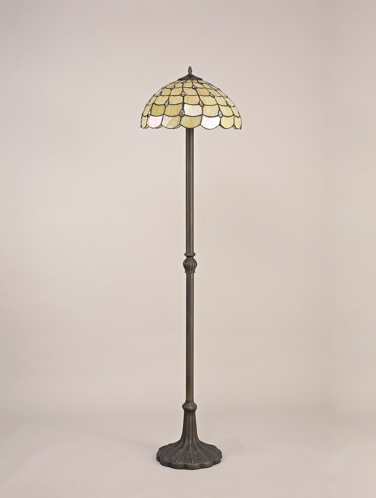 Finney 2 Light Leaf Design Floor Lamp E27 With 40cm Tiffany Shade, Beige/Clear Crystal/Aged Antique Brass