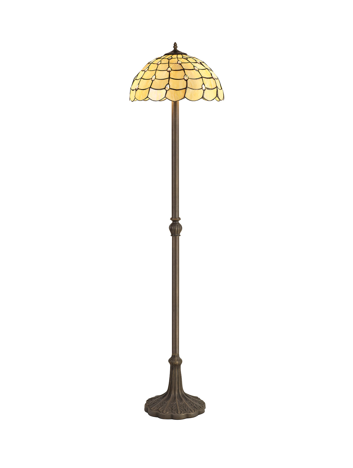 Finney 2 Light Leaf Design Floor Lamp E27 With 40cm Tiffany Shade, Beige/Clear Crystal/Aged Antique Brass