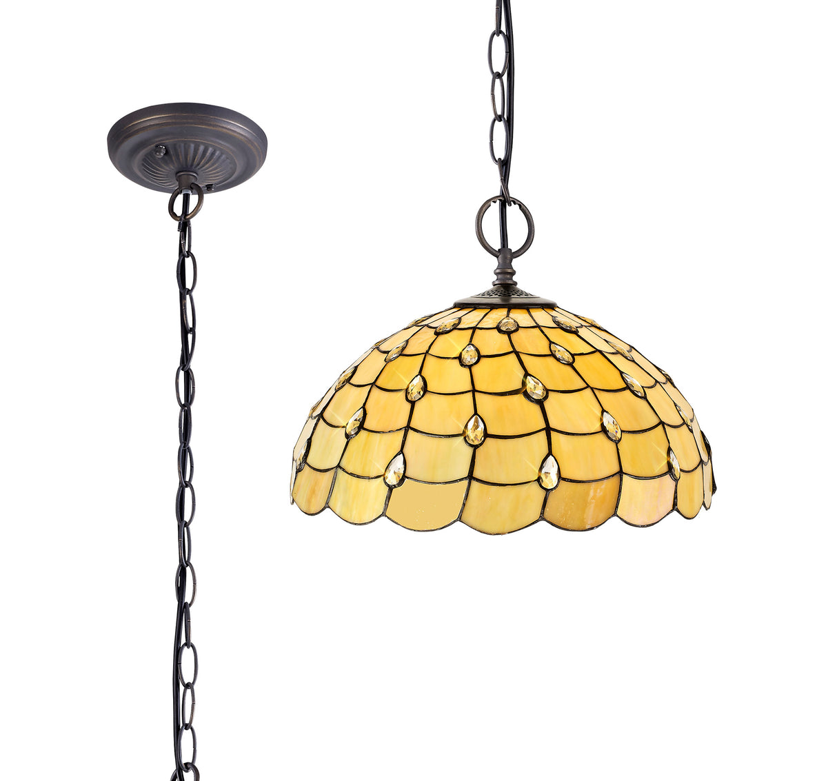 Finney 2 Light Downlighter Pendant E27 With 50cm Tiffany Shade, Beige/Clear Crystal/Aged Antique Brass