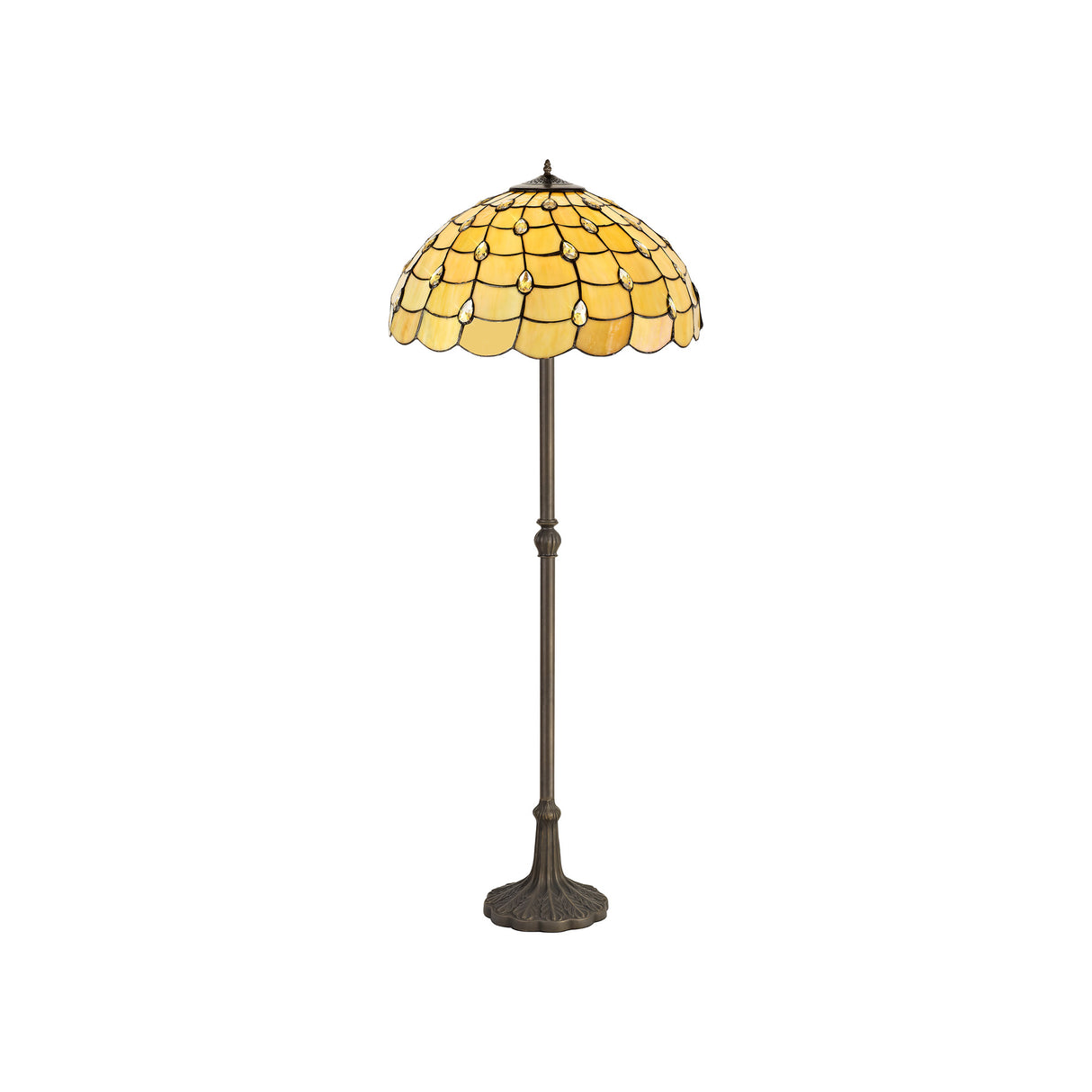 Finney 2 Light Leaf Design Floor Lamp E27 With 50cm Tiffany Shade, Beige/Clear Crystal/Aged Antique Brass