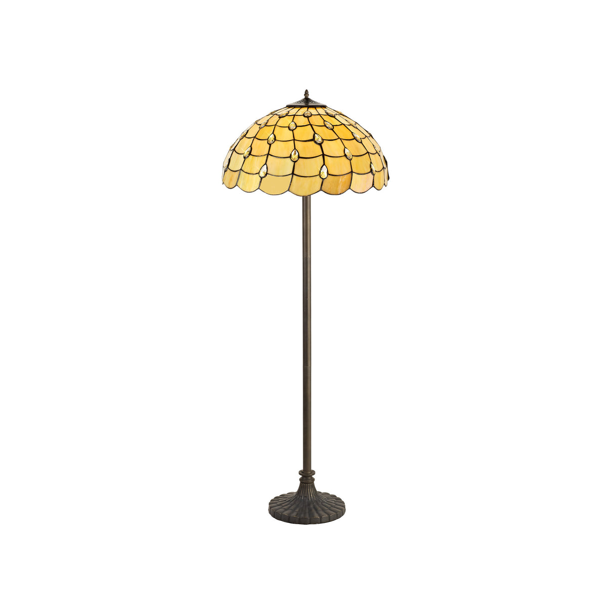 Finney 2 Light Stepped Design Floor Lamp E27 With 50cm Tiffany Shade, Beige/Clear Crystal/Aged Antique Brass