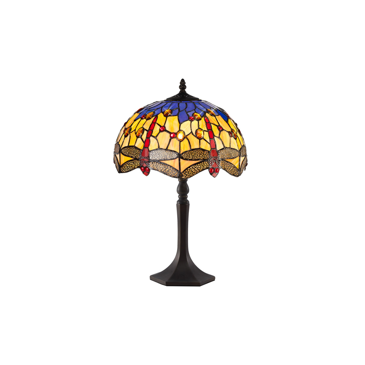 Hinnigan 1 Light Octagonal Table Lamp E27 With 30cm Tiffany Shade, Blue/Orange/Crystal/Aged Antique Brass