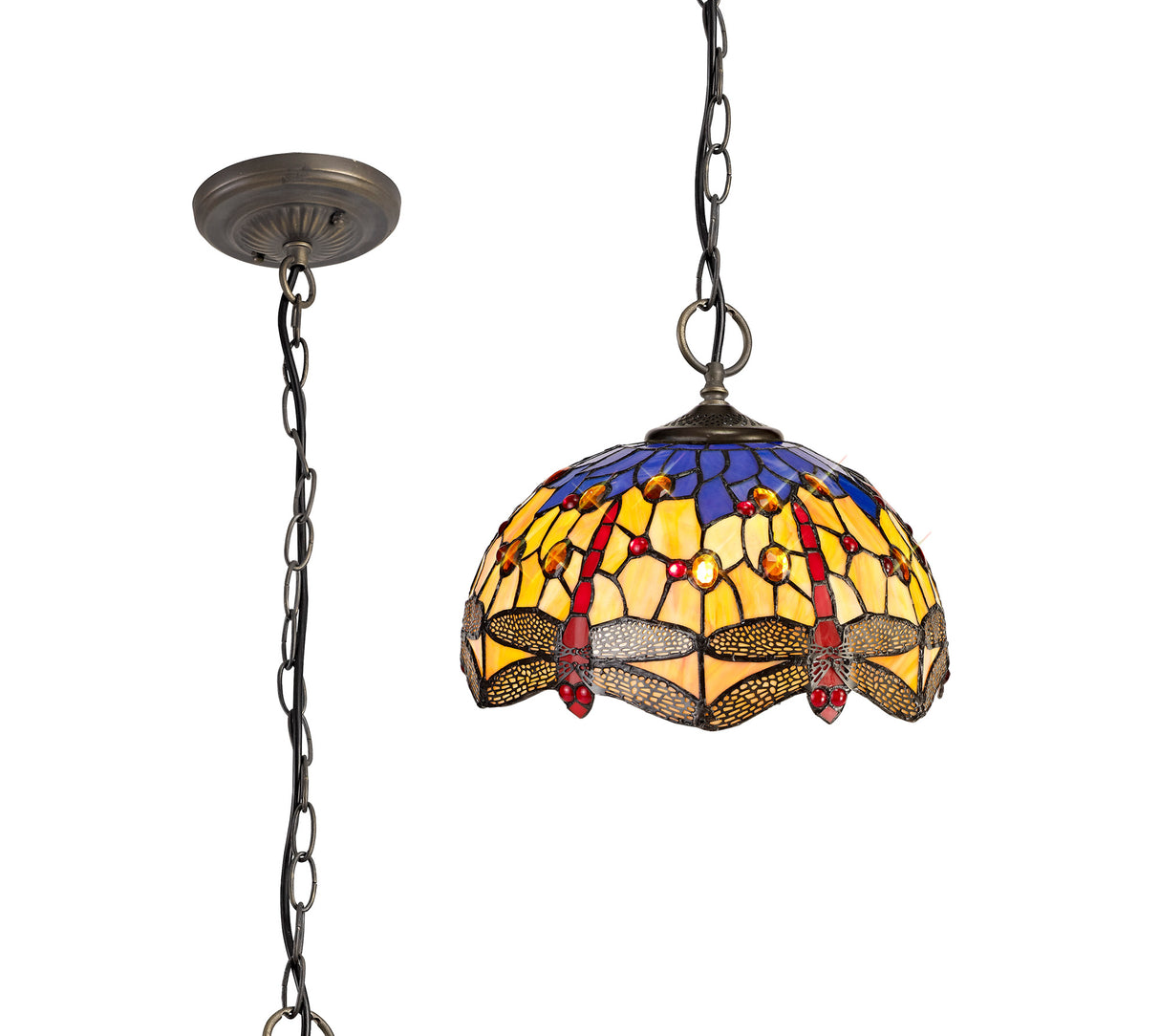 Hinnigan 3 Light Downlighter Pendant E27 With 30cm Tiffany Shade, Blue/Orange/Crystal/Aged Antique Brass
