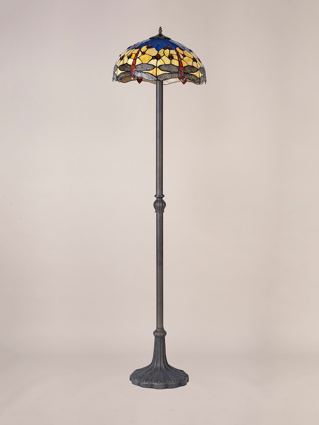 Hinnigan 2 Light Leaf Design Floor Lamp E27 With 40cm Tiffany Shade, Blue/Orange/Crystal/Aged Antique Brass