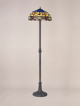 Hinnigan 2 Light Leaf Design Floor Lamp E27 With 40cm Tiffany Shade, Blue/Orange/Crystal/Aged Antique Brass