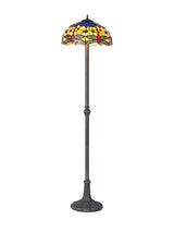 Hinnigan 2 Light Leaf Design Floor Lamp E27 With 40cm Tiffany Shade, Blue/Orange/Crystal/Aged Antique Brass