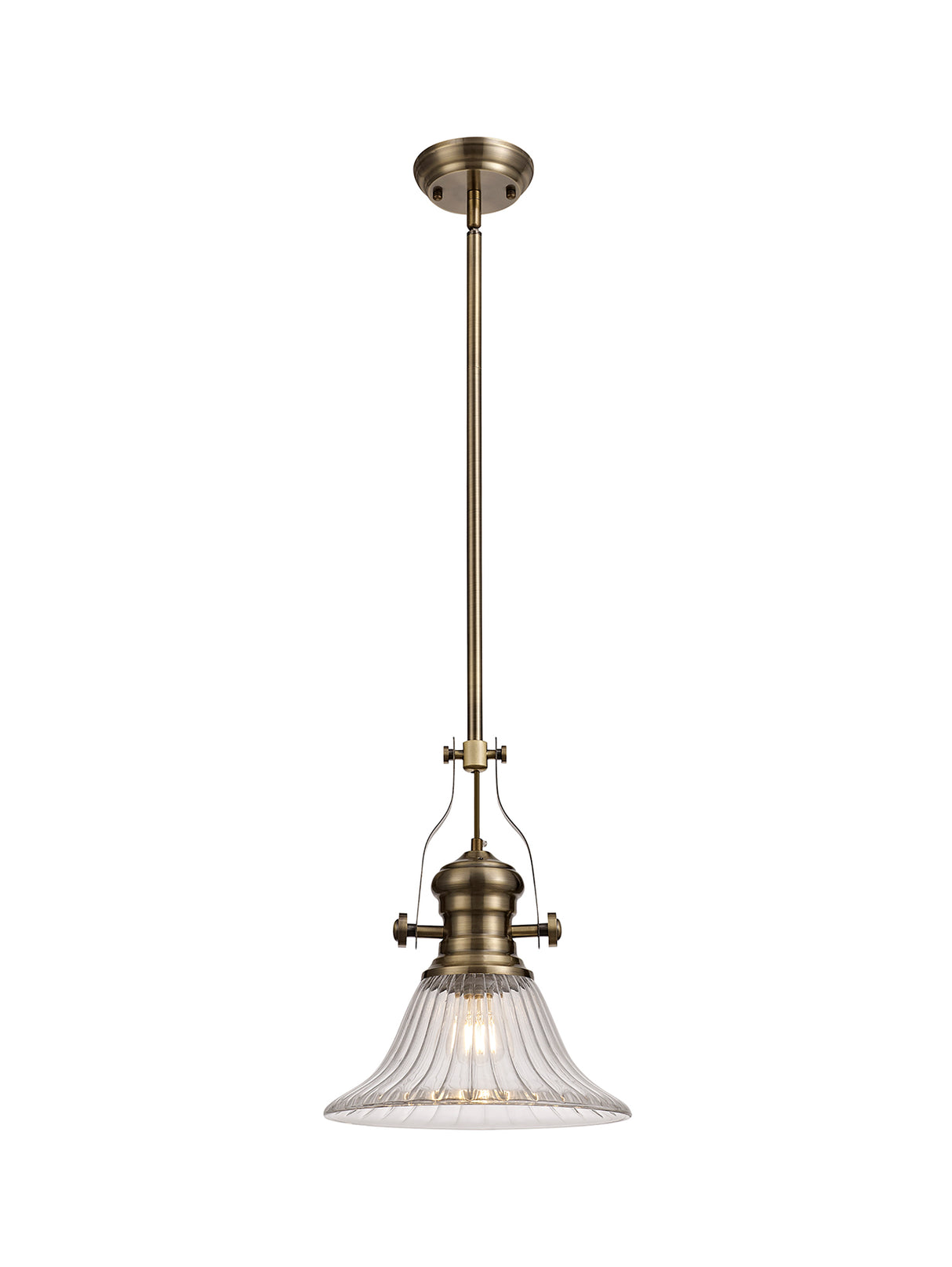 Munro 1 Light Pendant E27 With 30cm Bell Glass Shade, Antique Brass/Clear