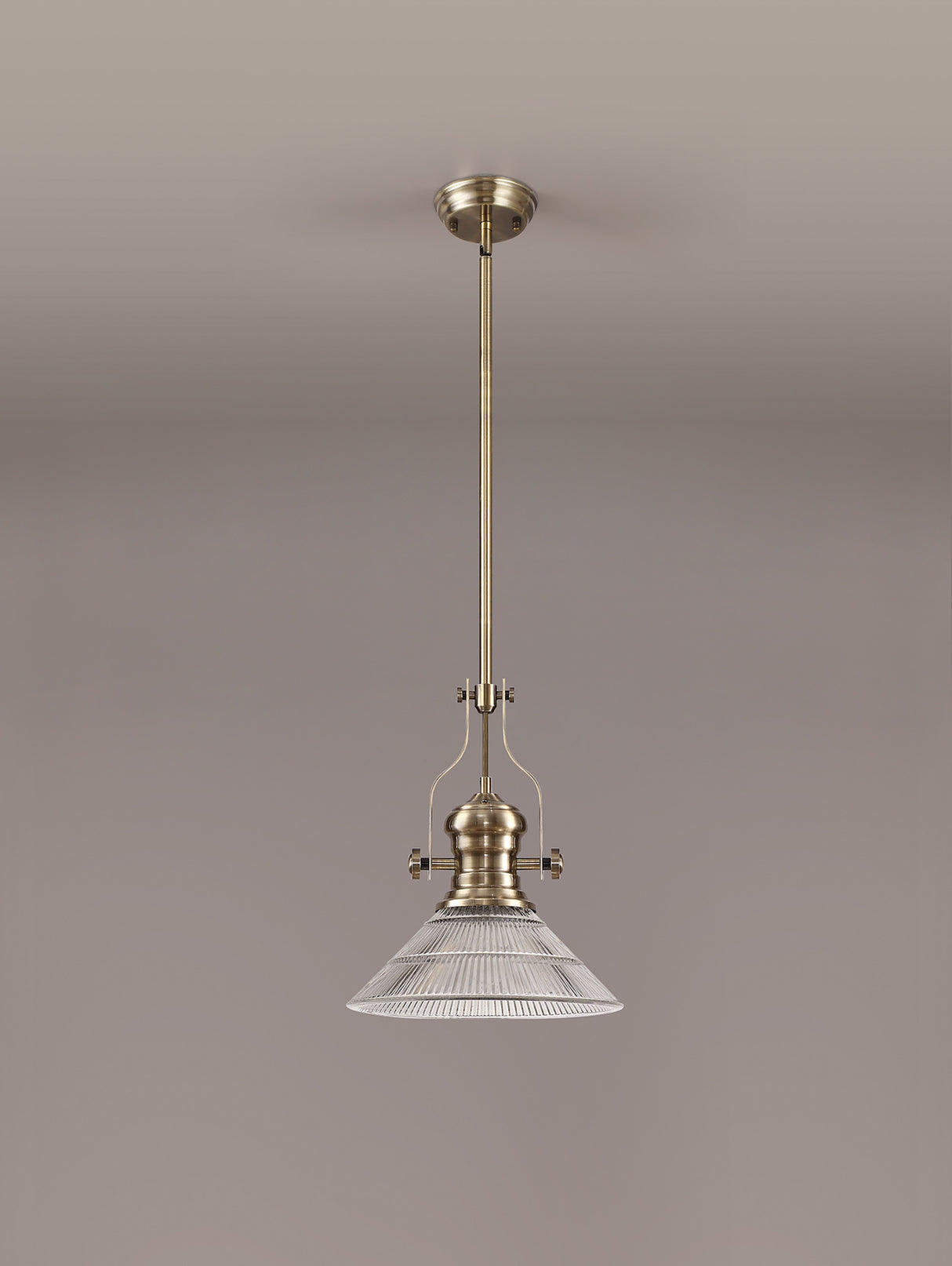 Munro 1 Light Pendant E27 With 30cm Cone Glass Shade, Antique Brass/Clear