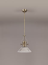 Munro 1 Light Pendant E27 With 30cm Cone Glass Shade, Antique Brass/Clear