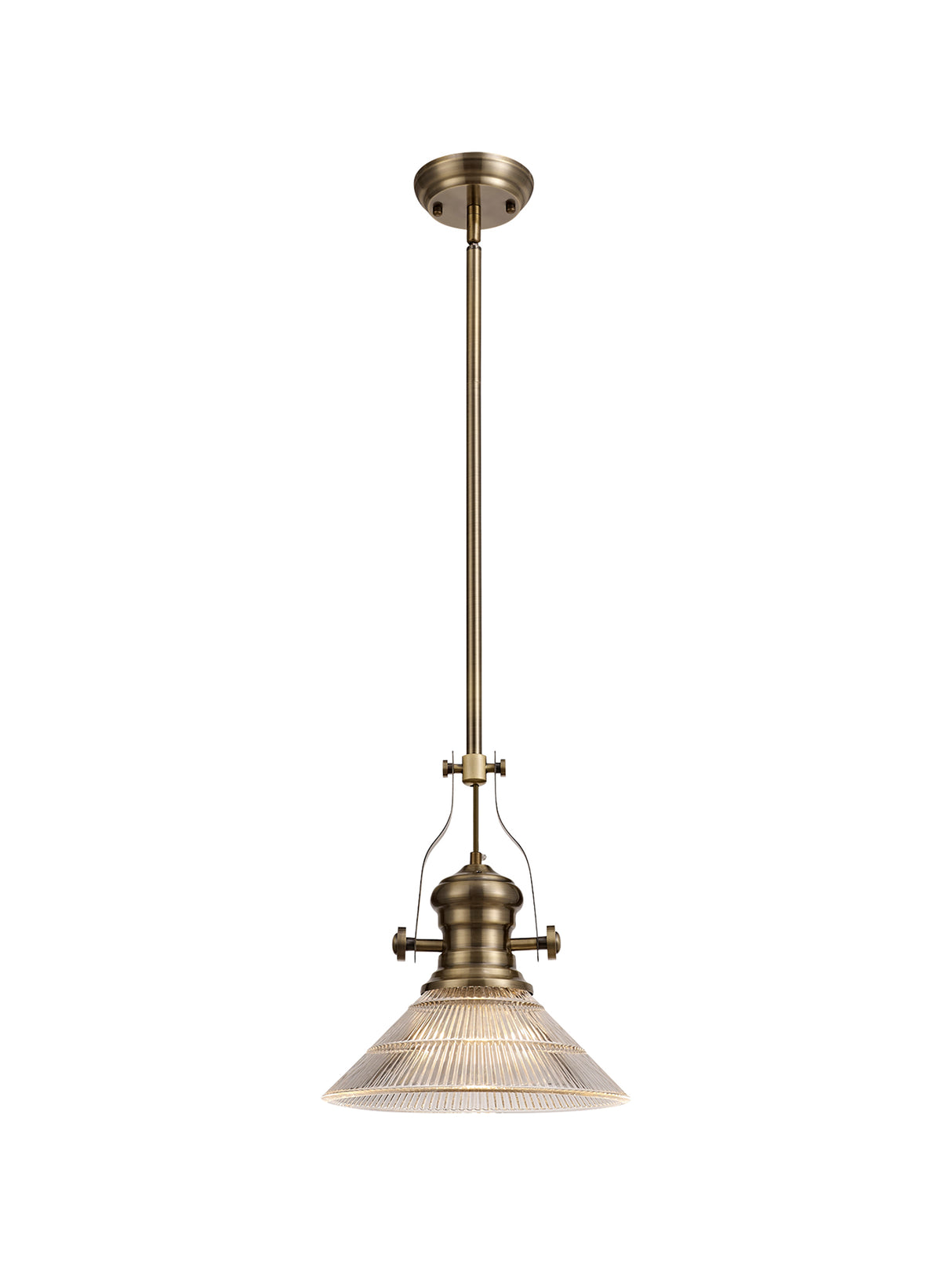 Munro 1 Light Pendant E27 With 30cm Cone Glass Shade, Antique Brass/Clear