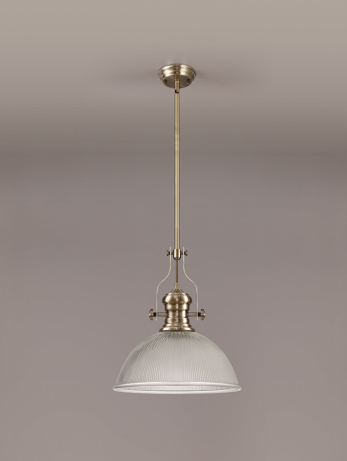 Munro 1 Light Pendant E27 With 38cm Dome Glass Shade, Antique Brass/Clear