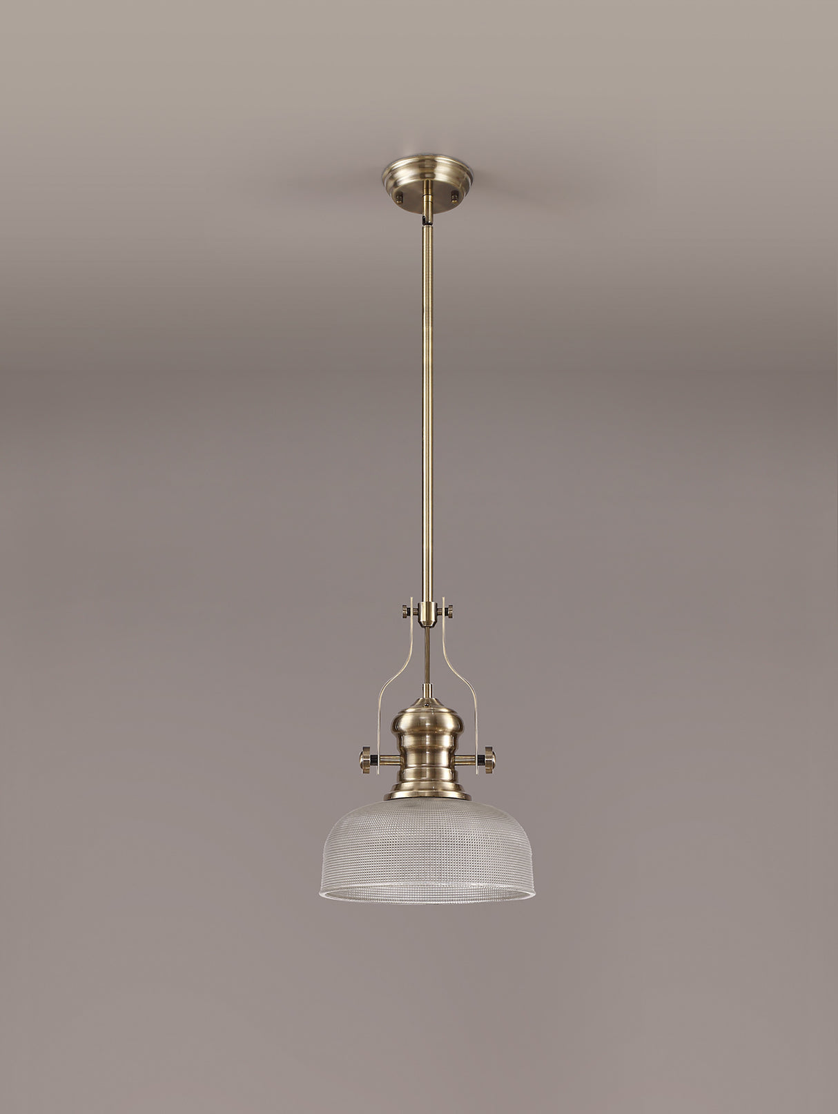 Munro 1 Light Pendant E27 With 26.5cm Prismatic Glass Shade, Antique Brass/Clear