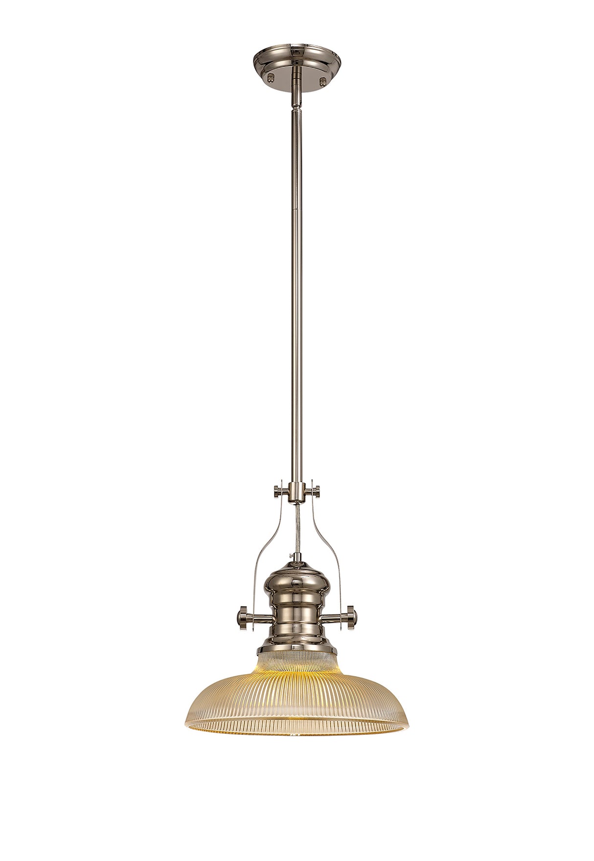 Munro 1 Light Pendant E27 With 30cm Round Glass Shade, Polished Nickel/Amber