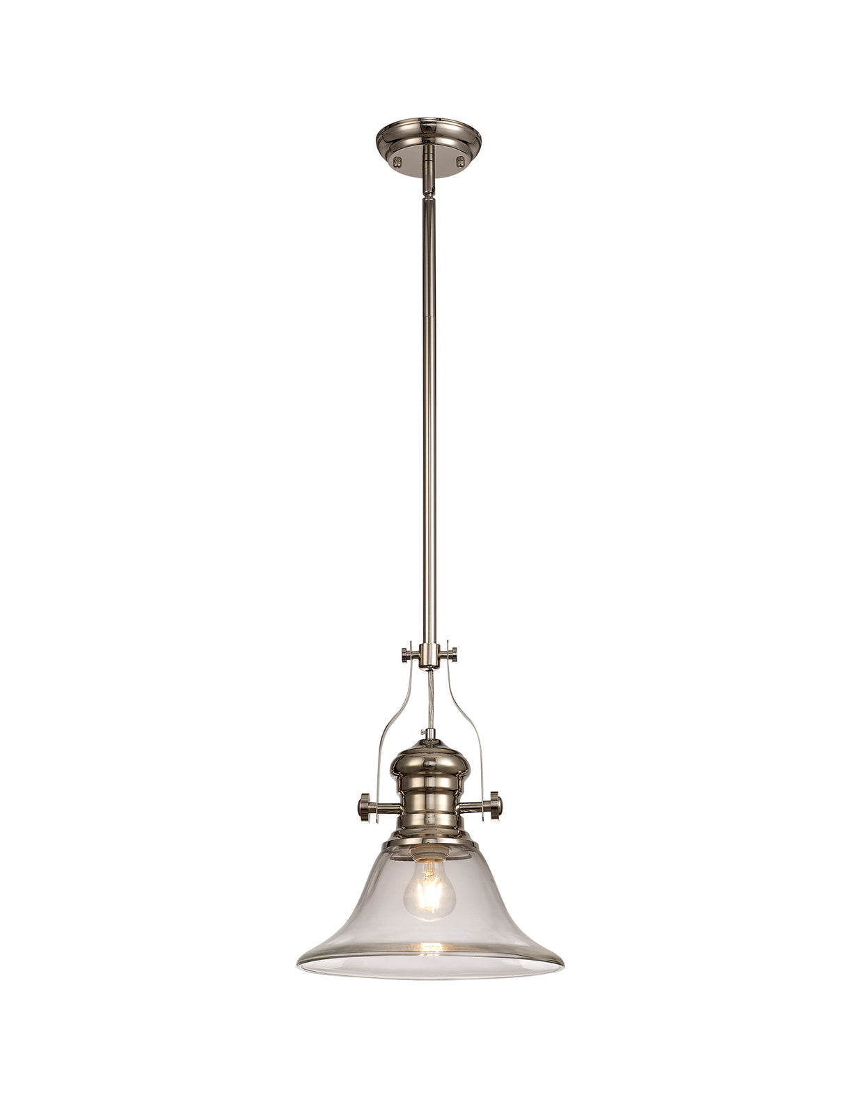Munro 1 Light Pendant E27 With 30cm Smooth Bell Glass Shade, Polished Nickel/Clear