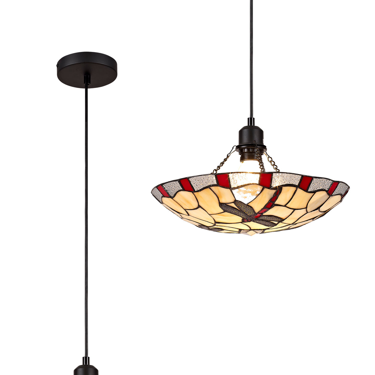 Rostron 1 Light Pendant E27 With 35cm Tiffany Shade, Red/Cream/Clear Crystal/Black