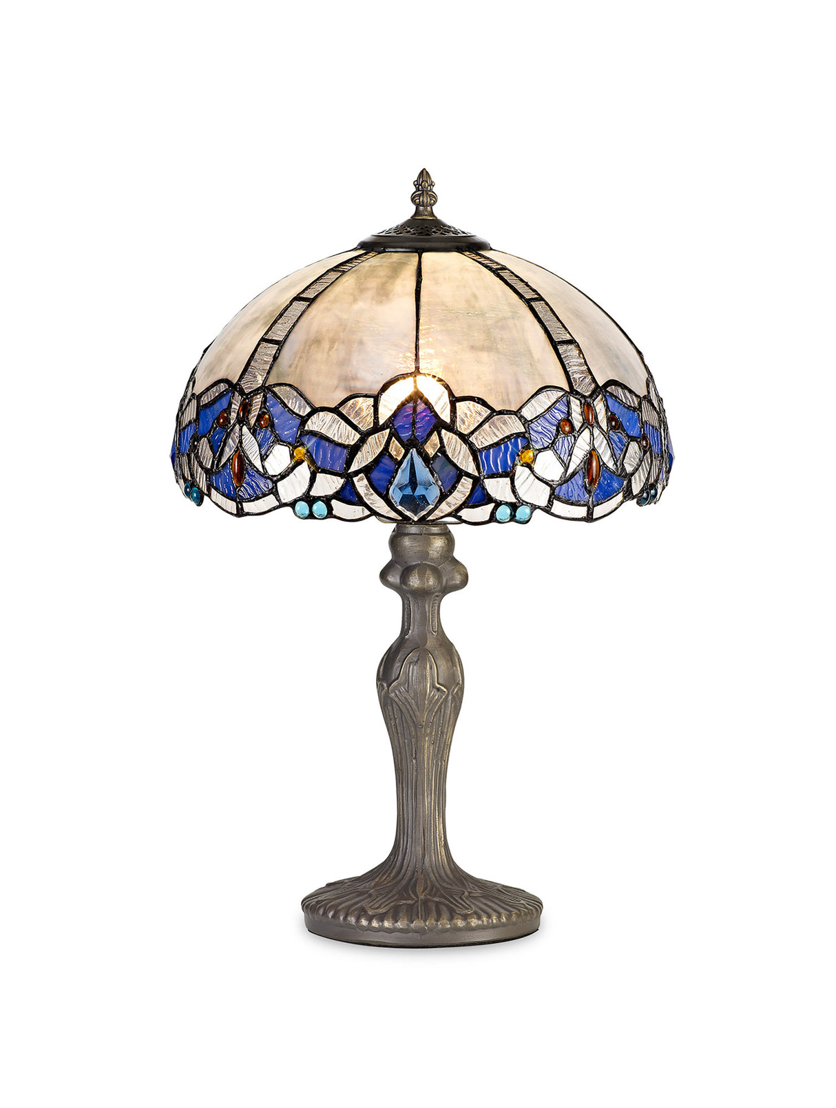 Siddall 1 Light Curved Table Lamp E27 With 30cm Tiffany Shade, Blue/Clear Crystal/Aged Antique Brass